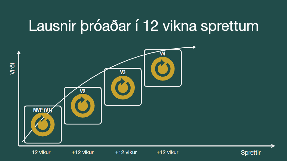 Gagnalausnir eru þróaðar í svokölluðum sprettum sem taka um 12 vikur